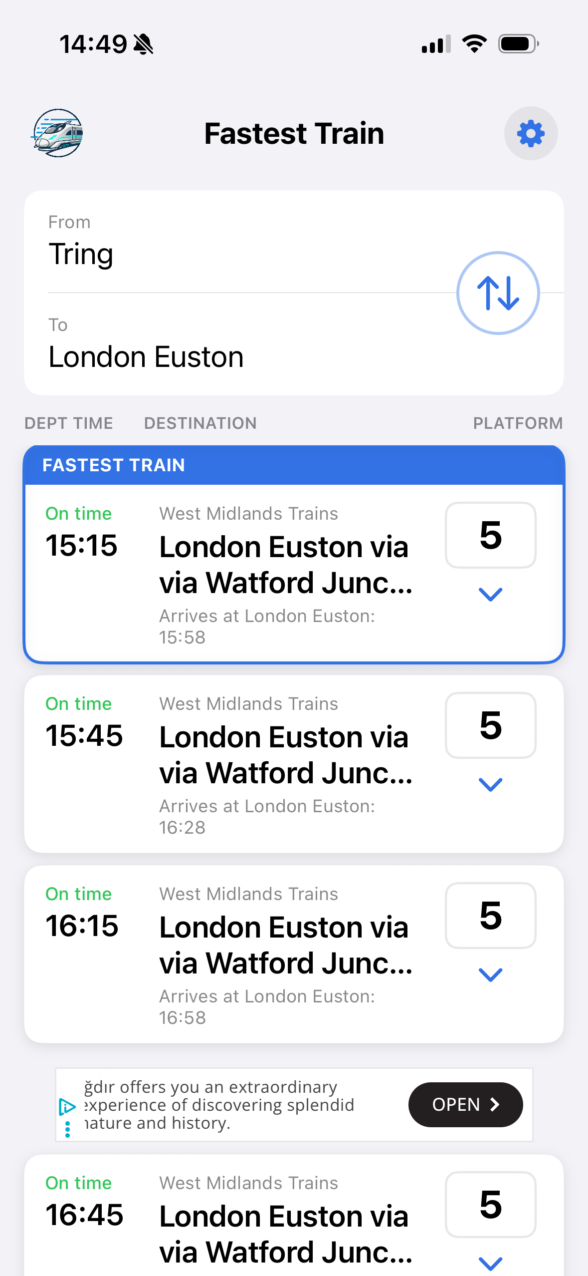 Fastest Train app showing live UK train departure times with platform numbers
