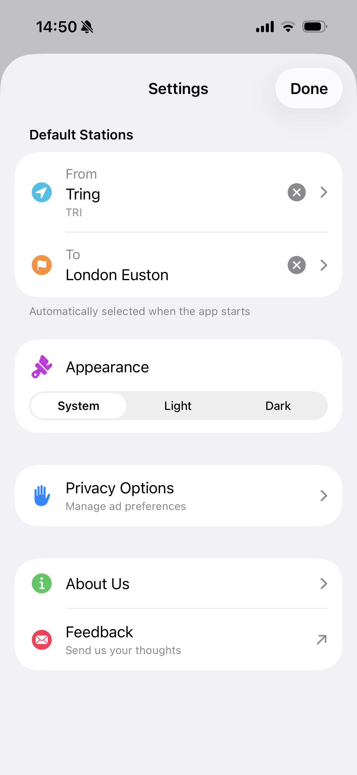 UK train times app settings and favorite stations configuration