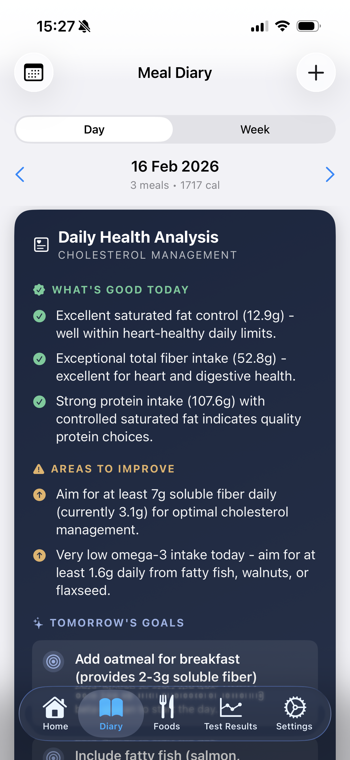 Daily cholesterol health analysis with AI insights and nutrition recommendations
