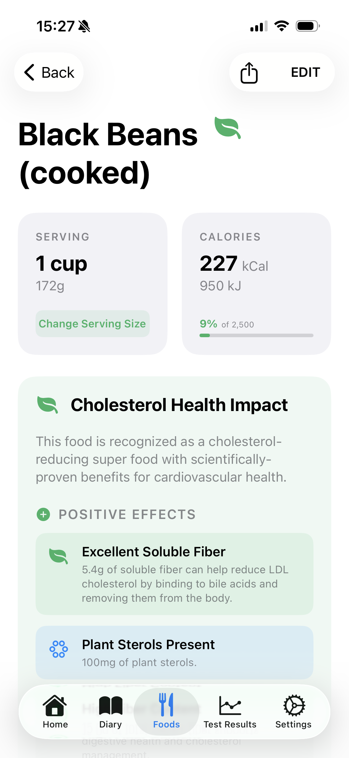 Detailed food item nutrient information affecting cholesterol and heart health