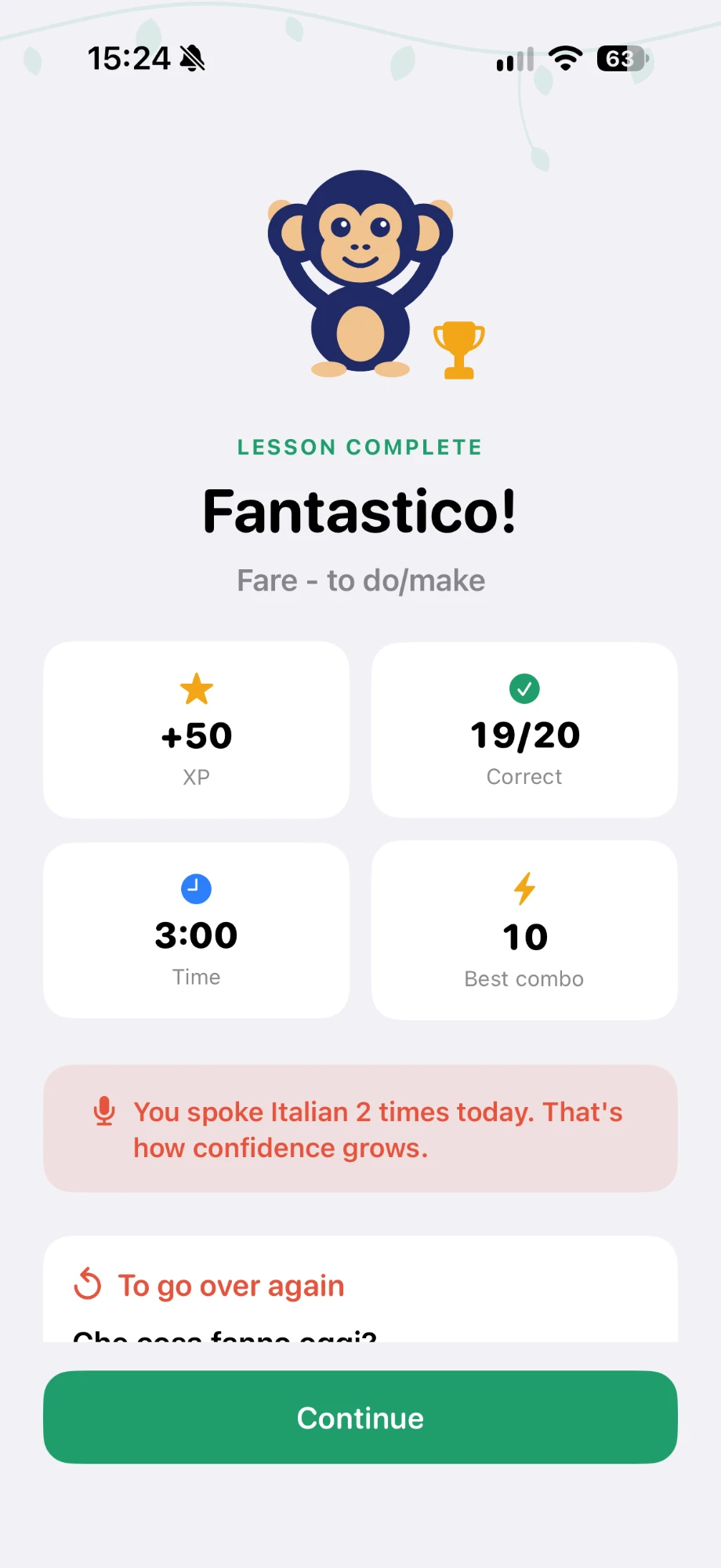Lesson complete summary with XP earned, 19 out of 20 correct, time and best combo